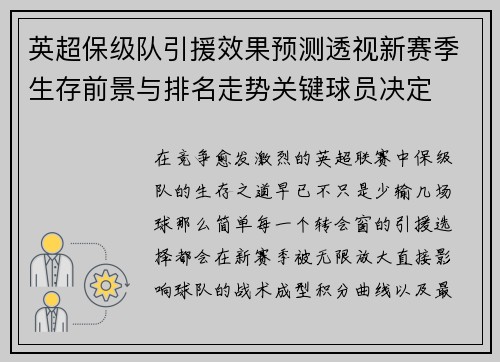 英超保级队引援效果预测透视新赛季生存前景与排名走势关键球员决定 英超保级队引援效果预测透视新赛季生存前景与排名走势关键球员决定