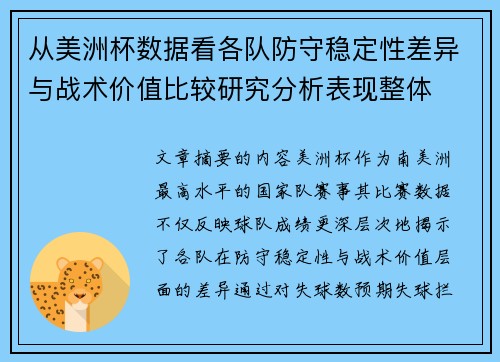 从美洲杯数据看各队防守稳定性差异与战术价值比较研究分析表现整体 从美洲杯数据看各队防守稳定性差异与战术价值比较研究分析表现整体